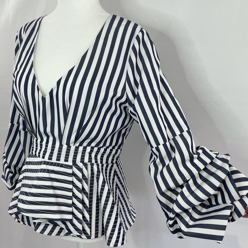 New Central Park West Balloon Sleeve Layered Peplum Striped Cotton Shirt - Picture 5 of 16
